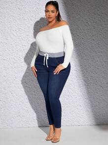 SHEIN SXY Plus Drawstring Waist Skinny Jeans - Dark Wash - View 5