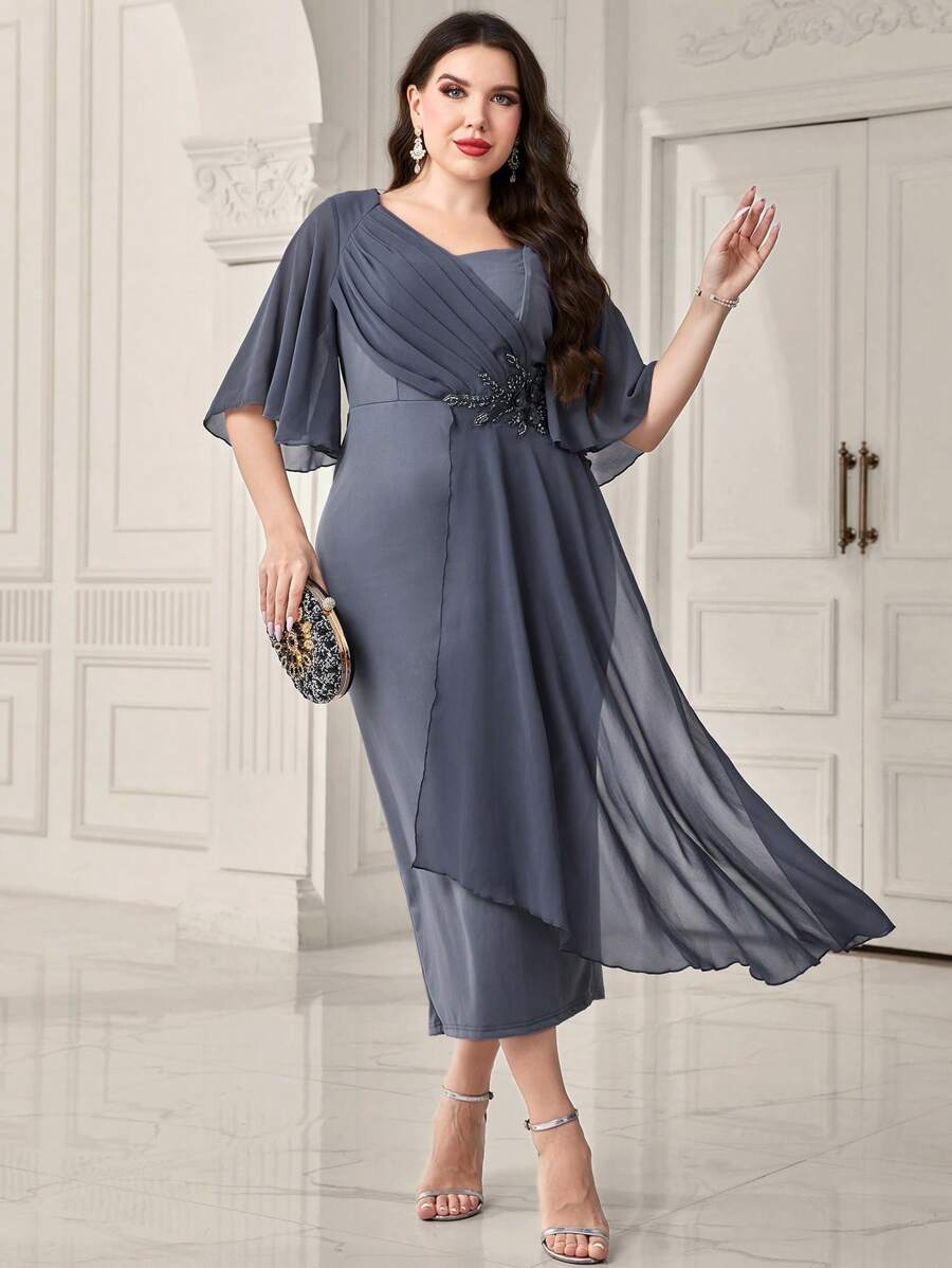 Modelyn Plus Contrast Sequin Butterfly Sleeve Dress - Dusty Purple - View 1