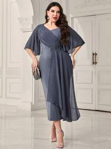 Modelyn Plus Contrast Sequin Butterfly Sleeve Dress - Dusty Purple - View 5