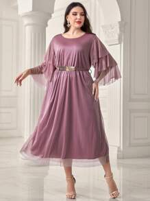 Modelyn Plus Contrast Mesh Flare Sleeve Belted Dress Long Evening Dresses - Purple - View 1