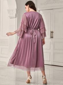 Modelyn Plus Contrast Mesh Flare Sleeve Belted Dress Long Evening Dresses - Purple - View 2