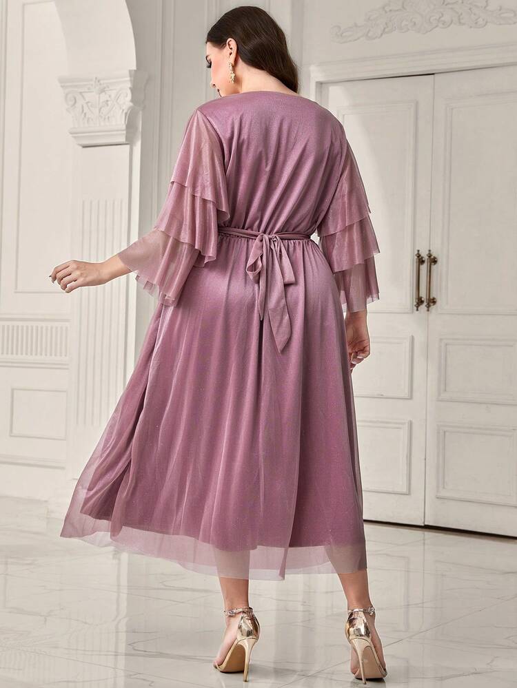 Plus Contrast Mesh Flare Sleeve Belted Dress Long Evening Dresses