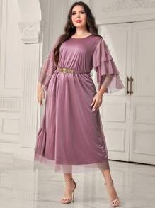 Modelyn Plus Contrast Mesh Flare Sleeve Belted Dress Long Evening Dresses - Purple - View 3