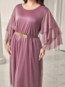 Modelyn Plus Contrast Mesh Flare Sleeve Belted Dress Long Evening Dresses - Purple - View 6