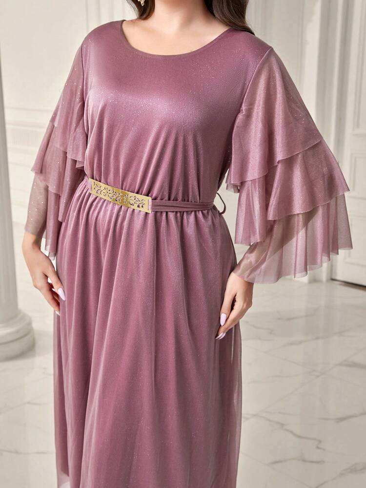Plus Contrast Mesh Flare Sleeve Belted Dress Long Evening Dresses