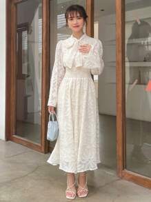 FRIFUL Tie Neck Ruffle Trim Dress - Beige - View 1