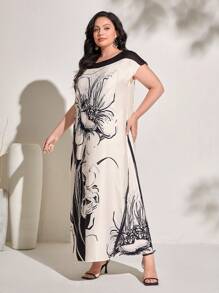 Al Najma Plus Floral Print Batwing Sleeve Dress - Multicolor - View 4