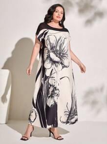 Al Najma Plus Floral Print Batwing Sleeve Dress - Multicolor - View 5