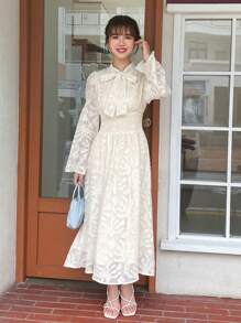 FRIFUL Tie Neck Ruffle Trim Dress - Beige - View 3