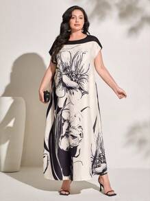 Al Najma Plus Floral Print Batwing Sleeve Dress - Multicolor - View 6