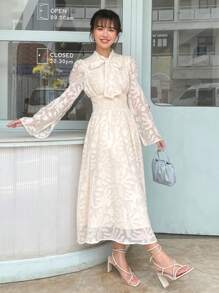 FRIFUL Tie Neck Ruffle Trim Dress - Beige - View 4