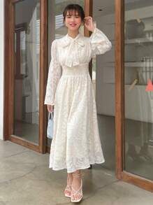 FRIFUL Tie Neck Ruffle Trim Dress - Beige - View 5