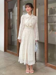 FRIFUL Tie Neck Ruffle Trim Dress - Beige - View 7