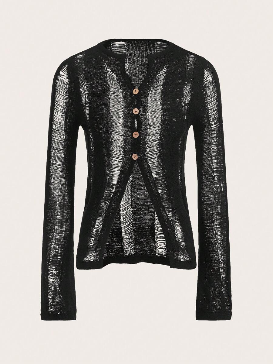 SHEIN EZwear Chất rắn Nút phía trước Áo len Mở Không có áo Top Cami - màu đen - Xem 1