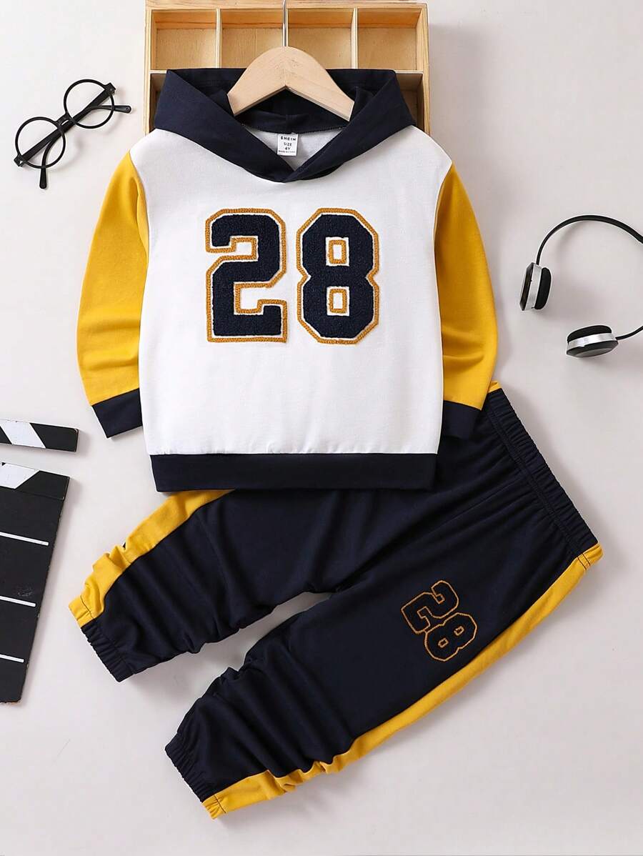Young Boy Letter Graphic Colorblock Hoodie & Contrast Side Seam Sweatpants - Multicolor - View 1