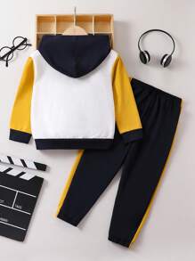 Young Boy Letter Graphic Colorblock Hoodie & Contrast Side Seam Sweatpants - Multicolor - View 2