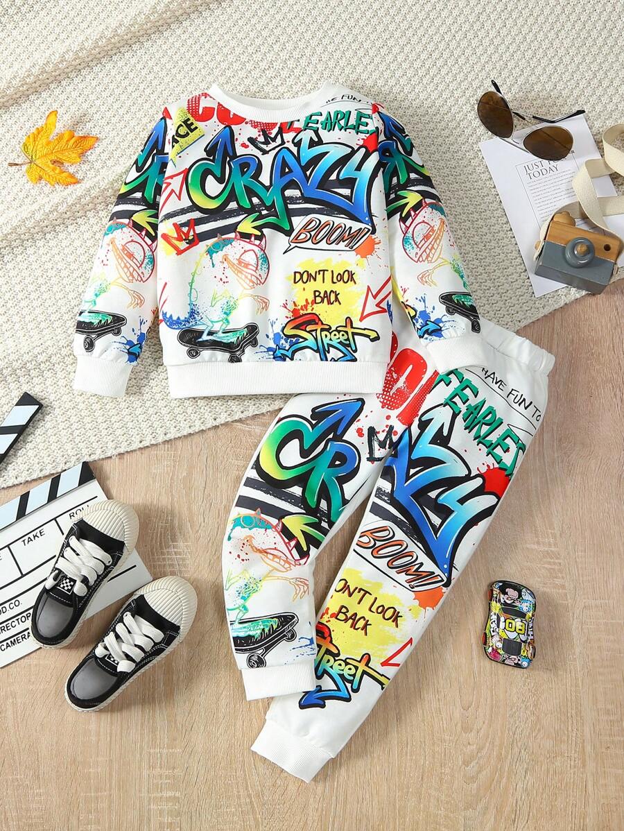 SHEIN Bộ hai mảnh cổ tròn tay áo thông thường cho cậu bé hoạt hình mát mẻ giản dị cho mùa thu - Nhiều màu - Xem 1