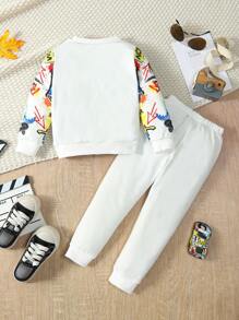 SHEIN Bộ hai mảnh cổ tròn tay áo thông thường cho cậu bé hoạt hình mát mẻ giản dị cho mùa thu - Nhiều màu - Xem 2