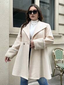 SHEIN Essnce Hơn Cổ áo Borg Nút đôi Áo khoác - Màu be - Xem 3