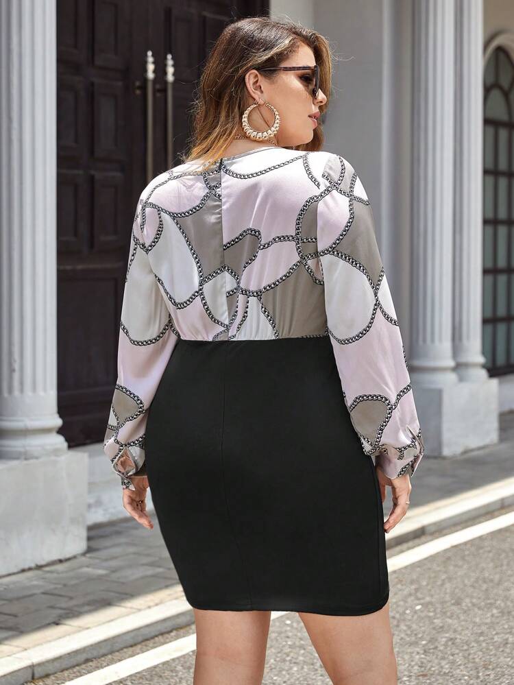 Plus Chain Print Surplice Neck Bodycon Dress