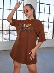 SHEIN SXY 大碼字母圖案抽繩連帽衛衣裙 - 鏽棕色 - 查看 4