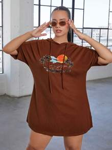 SHEIN SXY 大碼字母圖案抽繩連帽衛衣裙 - 鏽棕色 - 查看 5