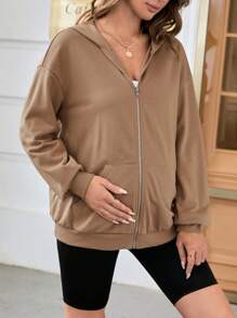 SHEIN Maternity Zip Up Drop Shoulder Hooded Jacket - Camel - View 8