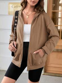 SHEIN Maternity Zip Up Drop Shoulder Hooded Jacket - Camel - View 4