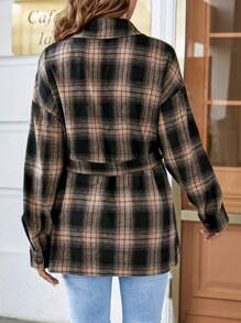 SHEIN Maternity Plaid Print Drop Shoulder Flap Pocket Belted Coat - Multicolor - View 2