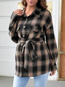 SHEIN Maternity Plaid Print Drop Shoulder Flap Pocket Belted Coat - Multicolor - View 6