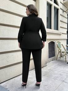 SHEIN Privé 大碼西裝領腰帶西裝外套和褲子不附吊帶上衣 - 黑色 - 查看 3