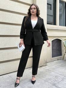 SHEIN Privé 大碼西裝領腰帶西裝外套和褲子不附吊帶上衣 - 黑色 - 查看 5