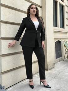 SHEIN Privé 大碼西裝領腰帶西裝外套和褲子不附吊帶上衣 - 黑色 - 查看 6