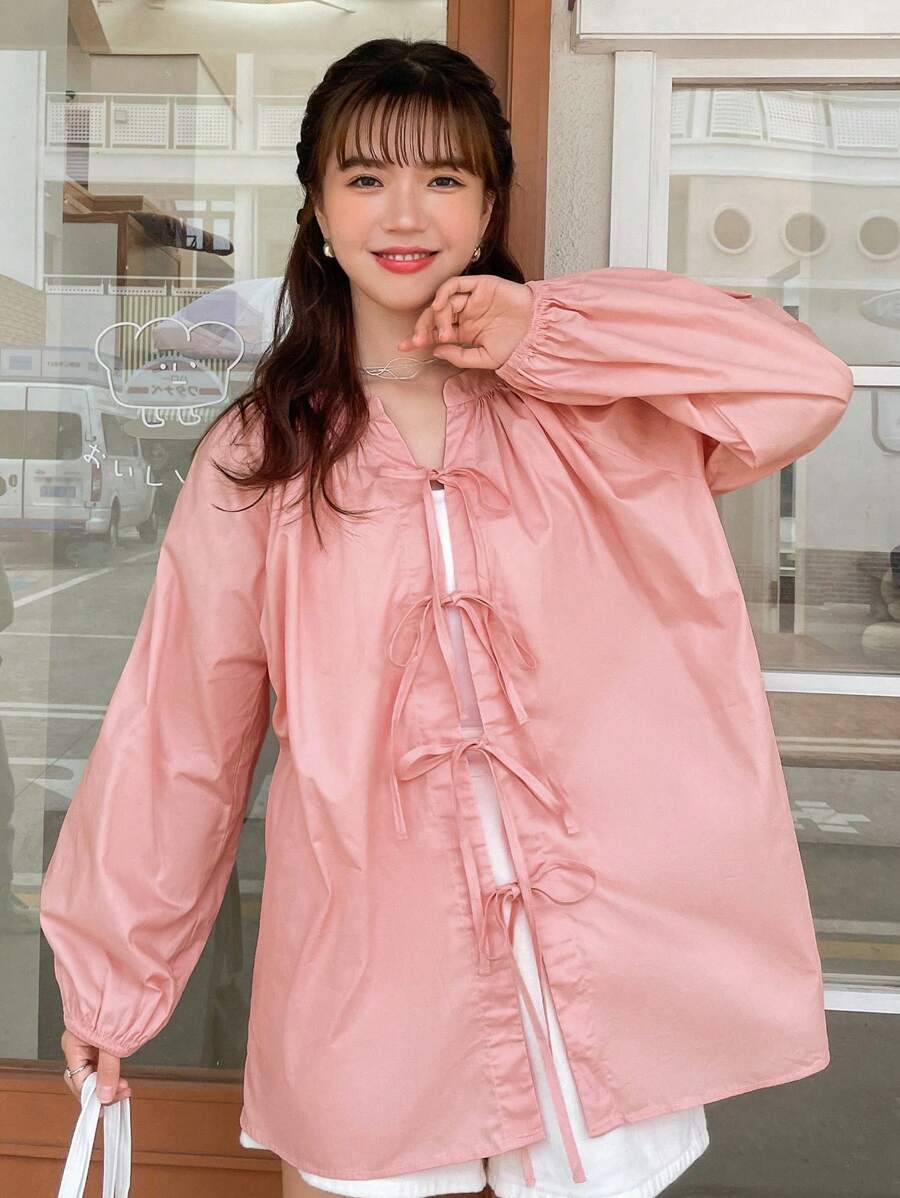 FRIFUL 前繫帶燈籠袖超大襯衫 - 粉色 - 查看 1