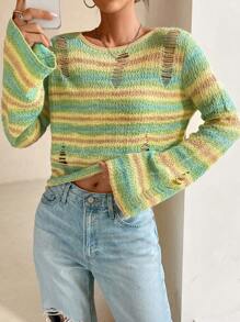 SHEIN Unity Space Dye Ripped Drop Shoulder Ripped Sweater Knit Pullover Fall Winter Outfit - Multicolor - View 3