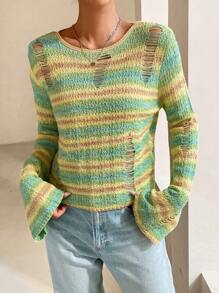 SHEIN Unity Space Dye Ripped Drop Shoulder Ripped Sweater Knit Pullover Fall Winter Outfit - Multicolor - View 1