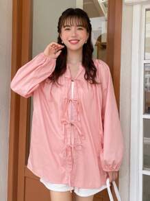 FRIFUL 前繫帶燈籠袖超大襯衫 - 粉色 - 查看 3