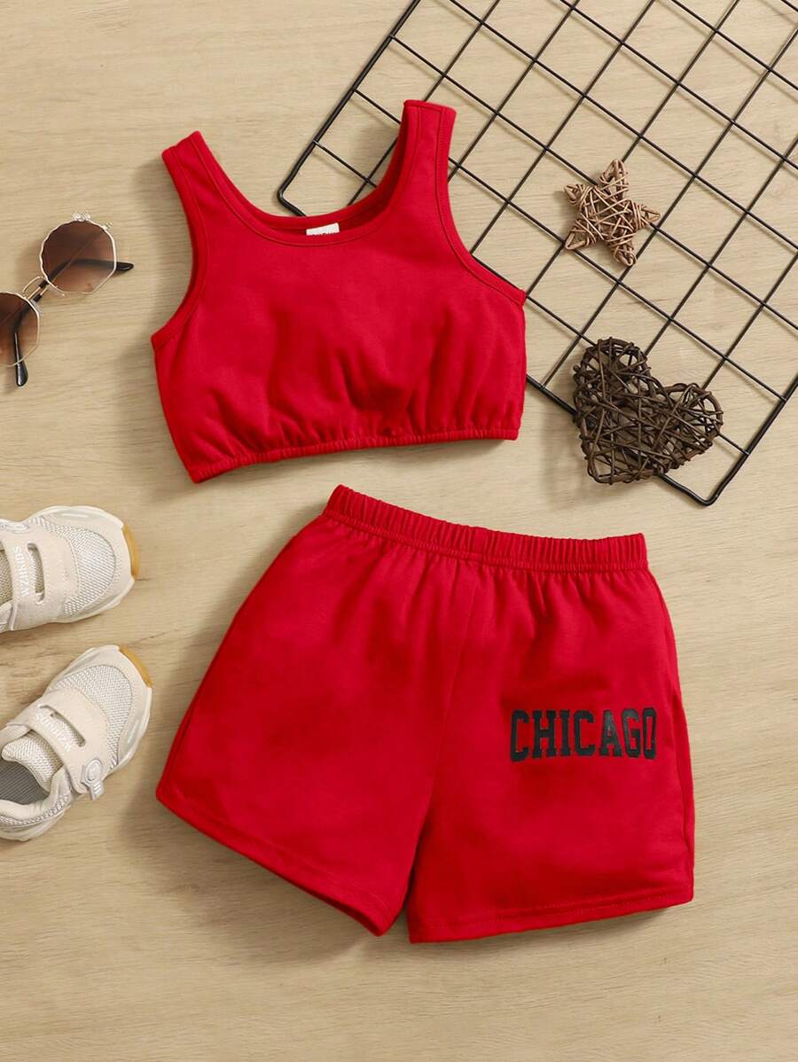 SHEIN Baby Girl Solid Tank Top & Letter Graphic Shorts SHEIN USA