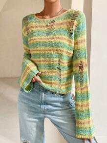 SHEIN Unity Space Dye Ripped Drop Shoulder Ripped Sweater Knit Pullover Fall Winter Outfit - Multicolor - View 5