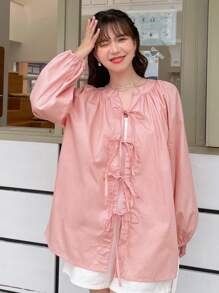 FRIFUL 前繫帶燈籠袖超大襯衫 - 粉色 - 查看 6