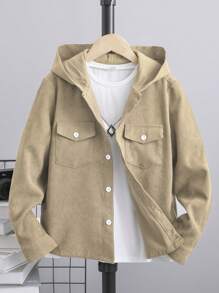 SHEIN 男大童翻蓋口袋連帽襯衫不帶T恤 - 杏色 - 查看 1