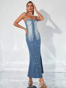 SHEIN BAE Vestido mezclilla de tirantes con cuenta detalle bustier