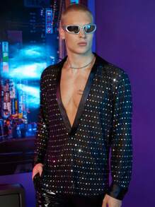 FeverCity Men Sequin Detail Sheer Top - Black - View 1