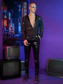 FeverCity Men Sequin Detail Sheer Top - Black - View 6