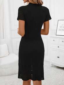 SHEIN Clasi Solid Pointelle Knit Sweater Dress - Black - View 2