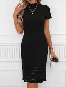 SHEIN Clasi Solid Pointelle Knit Sweater Dress - Black - View 3