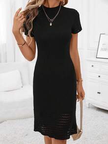 SHEIN Clasi Solid Pointelle Knit Sweater Dress - Black - View 4