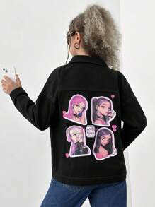 Teen Girl Figure Graphic Drop Shoulder Denim Jacket - Black - View 1