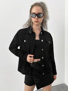 Teen Girl Figure Graphic Drop Shoulder Denim Jacket - Black - View 2