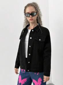 Teen Girl Figure Graphic Drop Shoulder Denim Jacket - Black - View 3